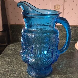 Anchor Hocking Rainflower Blue Glass Pitcher with Embossed Floral Design
